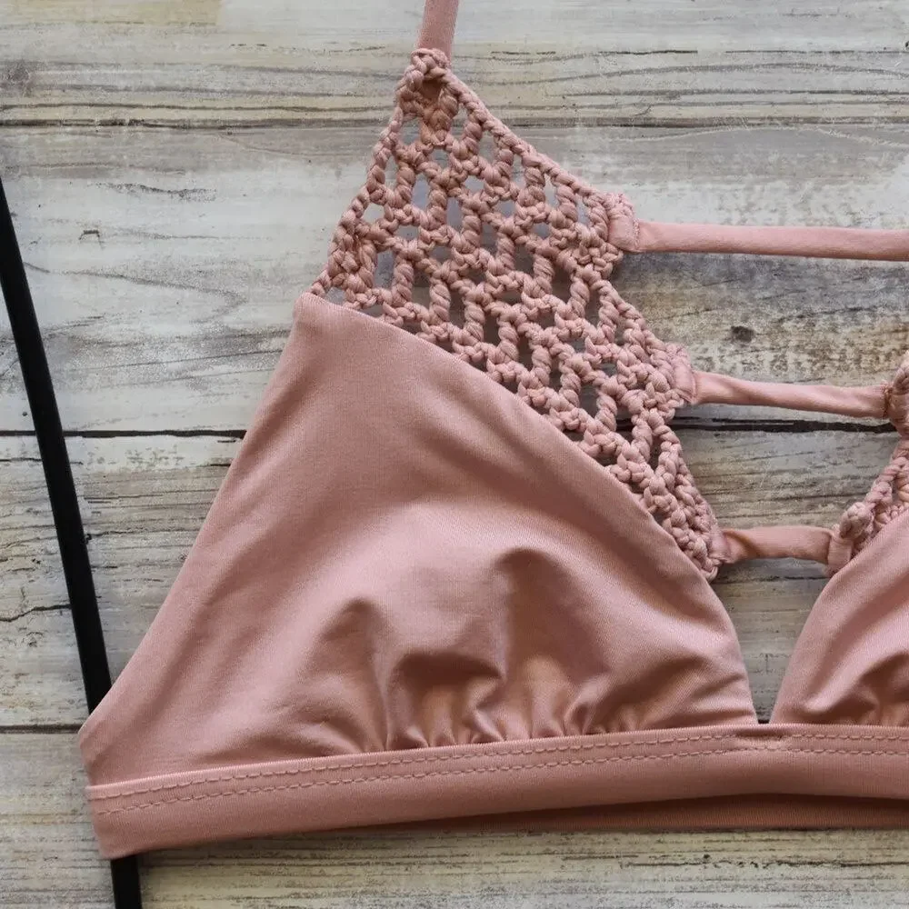Frankies Bikinis Sienna Crochet Bikini Top - Vintage Rose - XS - Boho Halter